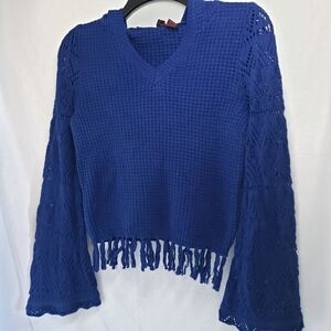 Knit blue fringe hooded sweater top